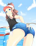  1girl ass baseball_cap blue_eyes brown_hair hat highres pokemon touko_(pokemon) umaibou555 