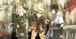  2boys bag black_eyes black_hair blonde_hair blue_eyes forehead_protector green_eyes haruno_sakura katana konohagakure_symbol kunimori_yuuka multiple_boys naruto naruto_(series) naruto_shippuuden pink_hair short_hair smile spiked_hair sword team7 torn_clothes uchiha_sasuke uzumaki_naruto vest weapon wind 