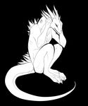  dragon drawain horn line_art looking_down male monochrome plain_background sitting solo tatto 