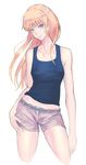  bad_id bad_pixiv_id bare_shoulders belt blonde_hair blue_eyes collarbone contrapposto cowboy_shot hand_on_hip hidezi long_hair looking_at_viewer original short_shorts shorts simple_background smile solo standing tank_top white_background 