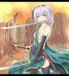  alternate_costume black_legwear blue_eyes blush breasts elbow_gloves forest gloves hadanugi_dousa hair_ribbon hairband japanese_clothes katana kimono konpaku_youmu letterboxed mouth_hold nature obi ribbon sarashi sash sheath short_hair silver_hair small_breasts solo sword thighhighs touhou triple_wielding undressing weapon yomi_(yomi14_pyaon) zettai_ryouiki 