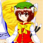  :o animal_ears bow brown_eyes brown_hair cat_ears cat_tail checkered checkered_background chen dress fox_tail hat high_collar holding_hands jewelry long_sleeves looking_at_viewer mob_cap multiple_girls multiple_tails out_of_frame short_hair simple_background single_earring skirt skirt_set tail touhou yakumo_ran zeokiro 