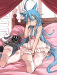  animal_ears bed blue_hair canopy_bed dress feet kutsugaeru long_hair messy_hair on_bed one_eye_closed original soles strap_slip tail thighhighs toes waking_up white_legwear 