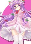  bespectacled bow breasts coat dress glasses hair_ribbon hat highres long_hair long_sleeves looking_at_viewer medium_breasts open_clothes open_coat patchouli_knowledge purple_dress purple_eyes purple_hair red-framed_eyewear ribbon solo striped striped_dress thighhighs touhou tress_ribbon ut_pictura_poesis very_long_hair white_dress white_legwear wide_hips wide_sleeves zettai_ryouiki 