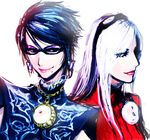  alternate_hair_length alternate_hairstyle bad_id bad_pixiv_id bayonetta bayonetta_(character) bayonetta_2 blue_eyes eyeshadow eyewear_on_head glasses jeanne_(bayonetta) lips lipstick makeup mole mole_under_mouth multiple_girls seitsuji smile 