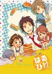  3girls asahina_mikuru brown_eyes brown_hair cooking food fork hiko koizumi_itsuki kyon multiple_boys multiple_girls nagato_yuki necktie orange_hair pancake purple_hair suzumiya_haruhi suzumiya_haruhi_no_yuuutsu younger 