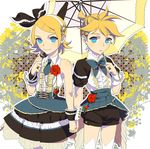  1girl alternate_costume aqua_eyes bare_shoulders blonde_hair bow bowtie brother_and_sister csikity cuffs dress flower frills green_bow green_neckwear hair_bow hair_ornament hairclip heart holding_hands interlocked_fingers jewelry kagamine_len kagamine_rin key lace layered_skirt necktie pantyhose parasol puffy_short_sleeves puffy_sleeves red_flower red_rose ribbon ring rose shirt short_hair short_sleeves shorts siblings sleeveless sleeveless_shirt smile thighhighs umbrella vocaloid white_legwear wrist_cuffs 