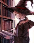  bad_id bad_pixiv_id book bookshelf brown_eyes brown_hair hat highres hood hood_down long_hair looking_at_viewer mogumo open_book original ponytail robe solo witch_hat 