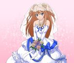  arm_warmers bare_shoulders blue_eyes bouquet brown_hair brown_rose detached_sleeves dress flower gloves gown hair_ornament happy houjou_hibiki long_hair looking_at_viewer pink_background precure ribbon smile solo suite_precure uyoshi wedding_dress 