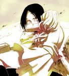  christa_renz eko2216 freckles hug long_hair monochrome multiple_girls ponytail shingeki_no_kyojin skirt surprised ymir_(shingeki_no_kyojin) 