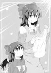  alternate_costume apron bare_shoulders black_hair bow child comic greyscale hair_bow highres jewelry kokuu_haruto kuro_goma_(kakkou11) long_hair monochrome mother_and_daughter multiple_girls necklace non-web_source off-shoulder_sweater original reiuji_utsuho shirt smile sweater touhou wings younger 