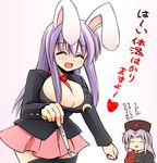  animal_ears between_breasts blazer blush breasts bunny_ears cleavage closed_eyes crescent hat jacket large_breasts long_hair multiple_girls necktie nurse_cap open_mouth pleated_skirt purple_hair red_neckwear reisen_udongein_inaba skirt smile thermometer thighhighs touhou translated ueda_katsuhito yagokoro_eirin 
