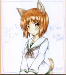  2013 animal_ears artist_name blush brown_eyes brown_hair character_name dated girls_und_panzer graphite_(medium) marker_(medium) masana_hatuse nishizumi_miho ooarai_school_uniform school_uniform serafuku shikishi short_hair solo tail traditional_media world_witches_series 