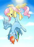  cloud clouds duo equine female feral fluttershy_(mlp) friendship_is_magic fur green_eyes gripping hair hanging_on holding horse long_hair looking_at_viewer mammal multi-colored_hair my_little_pony nekokevin open_mouth outside pegasus pink_hair pony purple_eyes rainbow_dash_(mlp) rainbow_hair sky sun upside_down wings yellow_fur 