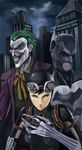  2boys absurdres animal_ears batman batman_(series) bodysuit bow cat_ears catwoman claws dc_comics evil_grin evil_smile facepaint goggles green_hair grin highres injustice:_gods_among_us multiple_boys smile the_joker zombie_jump 