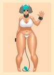  amber_eyes animal_tail big_breasts blue_hair bra bracelet breasts caprine cleavage clothed clothing collar fangdangler female goat hair hindpaw horn human jewelry looking_at_viewer mammal navel panties paws pubes short_hair smile solo standing thick_thighs thighs underwear 