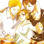  2boys annie_leonhardt bertolt_hoover blonde_hair brown_hair casual closed_eyes eko2216 friends grin holding_hands laughing multiple_boys reiner_braun shingeki_no_kyojin smile 