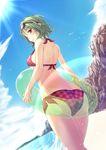  absurdres ass beach bikini bird blue_sky breasts checkered checkered_bikini cloud cyoppu day eyewear_on_head green_hair highres innertube kazami_yuuka lens_flare looking_at_viewer looking_back medium_breasts outdoors red_bikini red_eyes rock side-tie_bikini sideboob sky solo sun sunglasses swimsuit touhou underboob water 