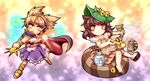  animal_ears bell bow brown_eyes brown_hair cape chibi clog_sandals earmuffs full_body futatsuiwa_mamizou gourd hat kiseru multiple_girls no_eyewear pipe raccoon_ears raccoon_tail sandals short_hair skirt smile sore_(whirlwind) sword tail tanuki touhou toyosatomimi_no_miko weapon 