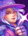  1girl artist_name ashe_(overwatch) cowboy_hat earrings fingerless_gloves gloves hangzhou_spark_ashe hat highres jewelry looking_at_viewer mole necktie open_mouth overwatch overwatch_league pink_eyes solo sparkle teeth white_hair 