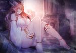  anklet bangle barefoot bracelet breasts brown_hair cleavage closed_eyes detached_sleeves horns jewelry large_breasts long_hair open_mouth original pillar sitting sleeping solo thigh_strap yaoya_musuko 