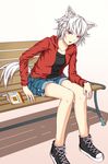  animal_ears bare_legs bench book collarbone contemporary cross-laced_footwear high_tops intirami inubashiri_momiji leaning_forward long_sleeves open_book open_clothes open_shirt parted_lips red_eyes shadow shirt short_hair shorts simple_background solo tail touhou undershirt watch white_background white_hair wolf_ears wolf_tail wristwatch 