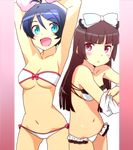  bikini black_hair blue_eyes derivative_work frilled_bikini frills gokou_ruri highres isono_wakame long_hair lowleg lowleg_bikini multiple_girls ore_no_imouto_ga_konna_ni_kawaii_wake_ga_nai puu_maru red_eyes sazae-san swimsuit undressing 