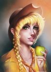  abstract_background apple applejack_(mlp) blonde_hair clothing female friendship_is_magic fruit green_eyes hair human humanized indiron mammal my_little_pony necklace not_furry shirt solo watermark 