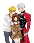  2boys archer bad_id bad_pixiv_id blonde_hair boy_sandwich brown_eyes brown_hair earrings fate/extra fate/extra_ccc fate_(series) gilgamesh jewelry kishinami_hakuno_(female) multiple_boys necklace red_eyes sandwiched sono_o_o_o white_hair 
