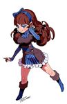  bliss_barson blue_eyes boots bow breasts brown_hair cryamore dress eyeshadow hair_bow hairband highres large_breasts long_hair makeup mole parody pinstripe_pattern robert_porter sekaiju_no_meikyuu signature smile solo striped style_parody turtleneck vertical_stripes 