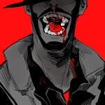  22_(tak_ja) bad_id bad_pixiv_id blood christian_brutal_sniper facial_hair head_out_of_frame lowres male_focus monochrome open_mouth red_background simple_background solo spot_color team_fortress_2 the_sniper upper_body 
