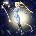  blonde_hair blue_eyes bodysuit breasts glowing gun highres long_hair medium_breasts metroid ponytail samus_aran solo tamamon weapon zero_suit 