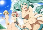  3girls ass assisted_exposure back beach bikini bikini_skirt bikini_top_removed blonde_hair blue_eyes blue_sky blush bracelet breast_smother breasts brother_and_sister cleavage cloud collarbone covering covering_breasts day eating embarrassed full-face_blush green_bikini green_eyes green_hair hair_ornament hair_ribbon hairclip hatsune_miku hetero highres hug hug_from_behind jewelry kagamine_len kagamine_rin large_breasts long_hair looking_at_viewer looking_back male_swimwear megurine_luka multiple_girls nail_polish open_mouth out_of_frame outdoors outstretched_arm outstretched_hand pink_hair pov pov_hands ribbon rumia_(compacthuman) shaved_ice short_hair siblings side-tie_bikini sky spilling striped striped_bikini striped_swimsuit sun swim_trunks swimsuit swimwear toenail_polish very_long_hair vocaloid yellow_bikini 