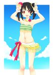  :d bad_id bad_pixiv_id bangs bikini bikini_skirt black_hair blush bracelet day double_v flower frilled_bikini frilled_swimsuit frills hair_flower hair_ornament highres itou_ayachi jewelry long_hair looking_at_viewer love_live! love_live!_school_idol_project natsuiro_egao_de_1_2_jump! navel necklace open_mouth outdoors red_eyes smile solo striped striped_bikini swimsuit tankini twintails v yazawa_nico 