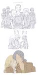  4boys anger_vein annie_leonhardt armin_arlert bad_id bad_pixiv_id bertolt_hoover christa_renz closed_eyes connie_springer freckles friends from_side hair_over_one_eye highres holding mikasa_ackerman multiple_boys multiple_girls paradis_military_uniform partially_colored reiner_braun shingeki_no_kyojin smile translated wabansyou ymir_(shingeki_no_kyojin) 