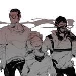  3boys bad_id bad_pixiv_id balaclava cigarette closed_eyes gloves hood hoodie male_focus mask monochrome multiple_boys no_hat no_headwear open_mouth petting simple_background smile smoke smoking team_fortress_2 the_scout the_sniper the_spy white_background 
