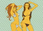  2girls artist_request bikini black_eyes breasts brown_hair cleavage curvy hands_in_hair koga large_breasts long_hair midriff multiple_girls nami nami_(one_piece) navel nico_robin one_piece pose posing smile star sunglasses sunglasses_on_head swimsuit tattoo 