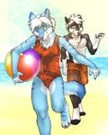  anthro barrakoda beach beach_ball blue_eyes blue_fur bulge canine clothing crossdressing dog duo fuckie fur girly hair husky looking_back male mammal one-piece_swimsuit orange_clothing outside sand sea seaside simple_background smile strict_husky stripes swimsuit trunks walking water white_hair wolf yellow_eyes 