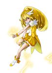  bike_shorts blonde_hair boots bow choker cure_peace double_v electricity hair_flaps highres kise_yayoi long_hair magical_girl nukosann open_mouth ponytail precure shorts shorts_under_skirt skirt smile smile_precure! solo tiara v wrist_cuffs yellow yellow_bow yellow_eyes yellow_shorts yellow_skirt 