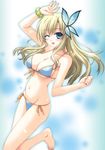  ;d barefoot bikini blonde_hair blue_eyes blush boku_wa_tomodachi_ga_sukunai breasts bug butterfly butterfly_hair_ornament front-tie_top hair_ornament insect kashiwazaki_sena kimizuka_aoi large_breasts long_hair navel one_eye_closed open_mouth scrunchie shiny shiny_skin side-tie_bikini skindentation smile solo swimsuit underboob 