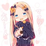  1girl :d abigail_williams_(fate/grand_order) bangs black_bow black_dress blonde_hair blue_eyes blush bow chocolate commentary_request dress eyebrows_visible_through_hair fate/grand_order fate_(series) fingernails food forehead hair_bow head_tilt heart highres holding holding_food long_hair long_sleeves no_hat no_headwear open_mouth orange_bow outstretched_arm parted_bangs polka_dot polka_dot_bow sleeves_past_fingers sleeves_past_wrists smile solo su_guryu translation_request upper_body upper_teeth valentine very_long_hair 