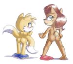  anthrofied anus balls blue_eyes bluechika blush butt canine chipmunk clothing female fox hair looking_back male mammal miles_prower nude pants pants_down penis presenting presenting_hindquarters pussy red_hair rodent sally_acorn sega sonic_(series) standing take_your_pick 