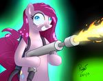  creepy cutie_mark equine female feral fire flames flamethrower friendship_is_magic fur glowing hair horse long_hair looking_at_viewer mammal my_little_pony open_mouth paulyt7 pink_fur pink_hair pinkamena_(mlp) pinkie_pie_(mlp) pony ranged_weapon smile solo teeth weapon 