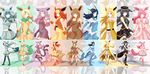  absurdres animal_ears black_hair blonde_hair blue_eyes blue_hair boots eevee elbow_gloves espeon flareon forked_tail full_body gen_1_pokemon gen_2_pokemon gen_4_pokemon gen_6_pokemon glaceon gloves hat highres jolteon leafeon long_hair looking_at_viewer lord_jack multiple_girls multiple_views open_mouth personification pokemon purple_hair red_eyes red_hair short_hair smile splitscreen standing sylveon tail thigh_boots thighhighs umbreon vaporeon 