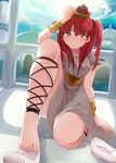  ankle_lace-up bad_id bad_pixiv_id barefoot bracelet cross-laced_footwear feet jewelry long_hair looking_at_viewer magi_the_labyrinth_of_magic morgiana onaramaru one_knee one_side_up red_eyes red_hair shoes shoes_removed solo toe_scrunch 