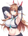  1girl animal_ears armpits azur_lane blue_eyes blush breasts brown_hair detached_sleeves eyebrows_visible_through_hair furutaka_(azur_lane) gloves large_breasts long_hair looking_at_viewer midriff navel pleated_skirt remodel_(azur_lane) rommeling sailor_collar simple_background skirt solo white_background 