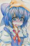  blue_eyes blue_hair blush bow cirno colored_pencil_(medium) crying crying_with_eyes_open graphite_(medium) hair_bow hand_on_another's_head highres nichibotsu_(kitaziman) open_mouth out_of_frame petting short_hair solo_focus strap_slip tears touhou traditional_media wings 