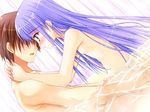  1boy 1girl bath blue_hair blush flat_chest game_cg hime_x_hime mixed_bathing nude partially_submerged sex takamura_honami water yellow_eyes 