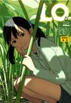  2013 black_eyes black_hair comic_lo cover cover_page dated green hand_on_own_face highres holding long_hair long_sleeves original outdoors smile solo squatting takamichi twintails 