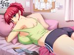  1girl artist_request ass bare_shoulders bed blue_eyes breasts female game_cg green_eyes imai_heartbreak kasukabe_noriko large_breasts long_hair looking_at_viewer lying lying_on_bed mamapuri!?_-wagaya_no_dousei_tsushinbo- pillow ponytail red_hair shorts solo 